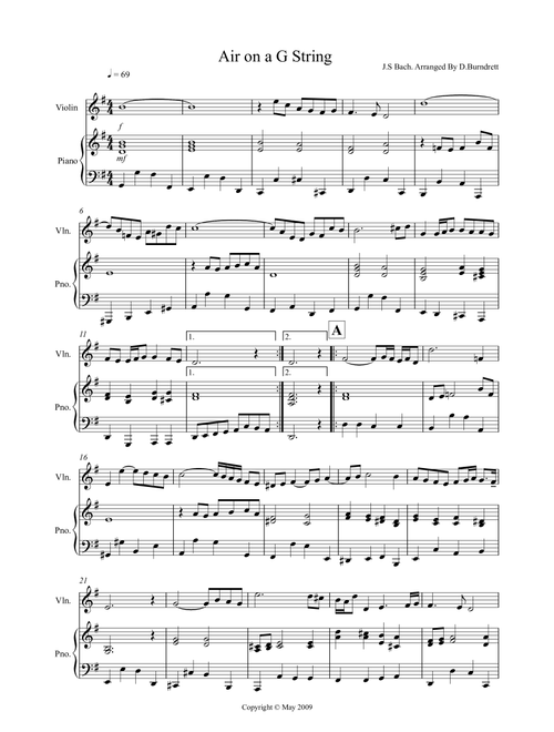Air on the G String – Violin and Piano (Easy–Intermediate Concert Arrangement (Arr. David Burndrett) - JS Bach (Instrumental Duet)
