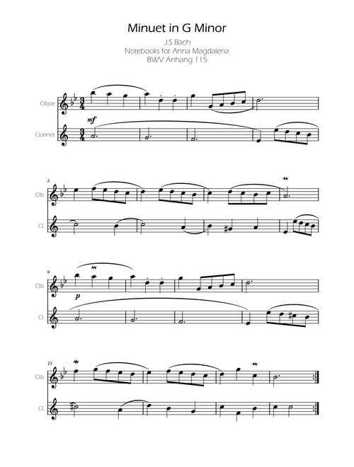 Minuet in G minor BWV Anh. 115 - Bach - Clarinet and Oboe (Arr. Ygor Nunes) - Johann Sebastian Bach (Instrumental Duet)