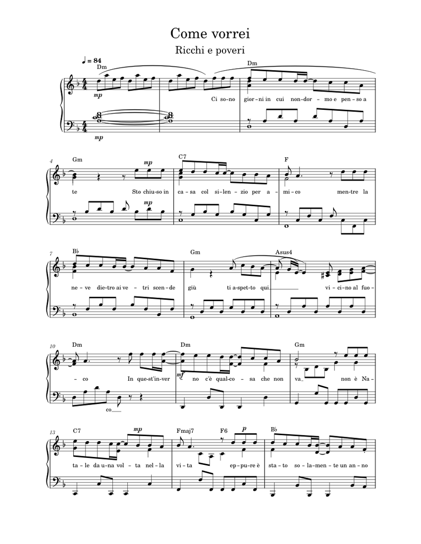 Come vorrei Ricchi e Poveri Sheet music for Piano (Solo) Come vorrei Ricchi e Poveri Sheet music for Piano (Solo)
