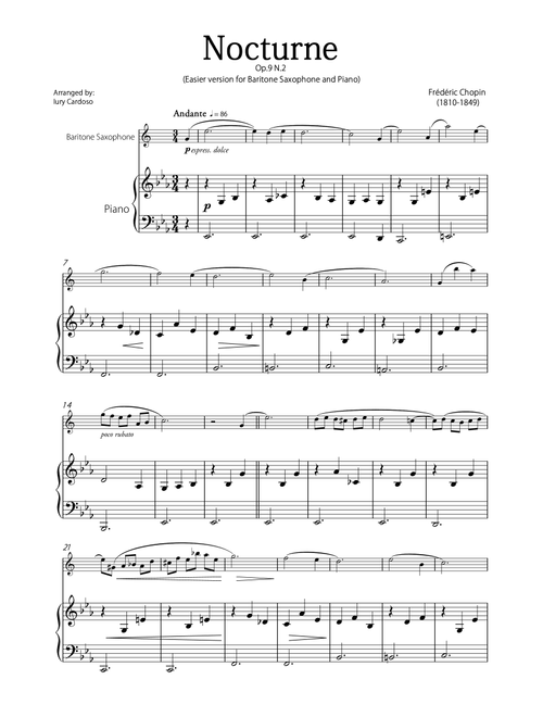 "Nocturne" (Chopin) - Beautiful EASY version for BARITONE SAXOPHONE and PIANO. (Arr. Iury Cardoso) - Frédéric Chopin (Baritone Sax and Piano)