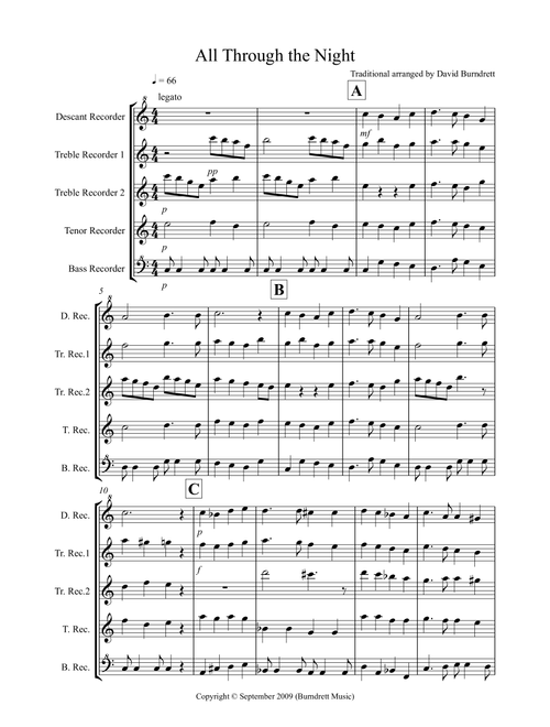 All Through the Night for Recorder Quintet (Arr. David Burndrett) - Traditional (Recorder Solo)