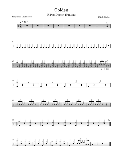Golden – Kpop Demon Hunters Easy Simplified Drum Score Notes Transcription