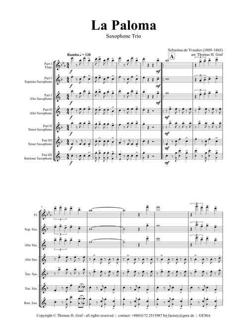 La Paloma - Spanish Habanera - Saxophone Trio (Arr. Thomas H. Graf) - Sebastina de Yvradier (1809–1865) (Woodwind Ensemble)