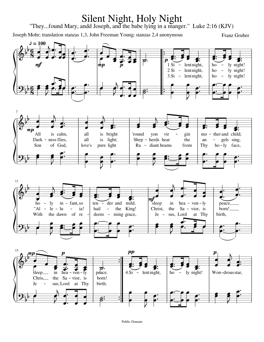 silent night, holy night sheet music for piano (solo) easy