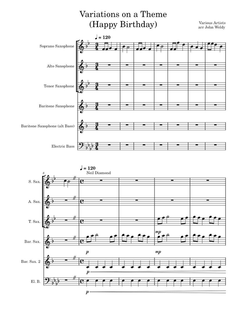 Variations on Happy Birthday Sheet music for Saxophone alto, Saxophone