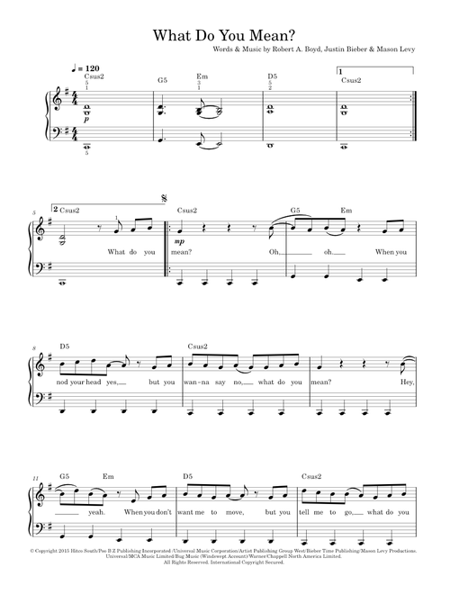 What Do You Mean? - Justin Bieber (Piano-Vocal-Guitar (Piano Accompaniment))