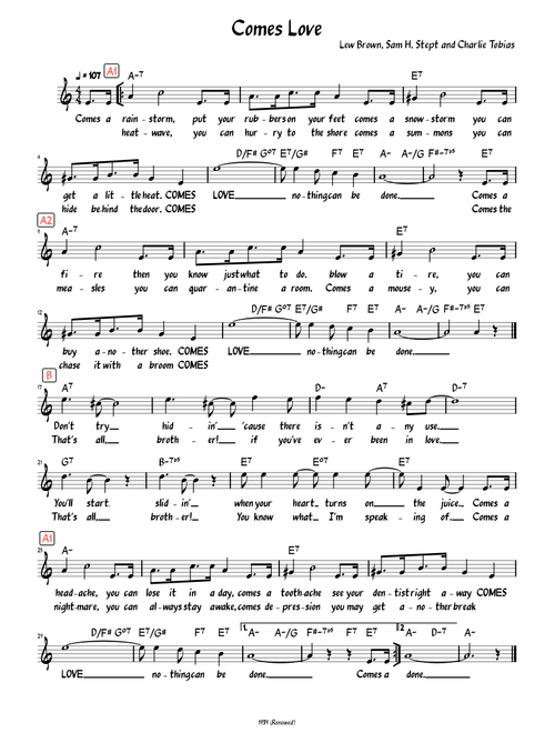 Comes Love (Lead sheet with lyrics )