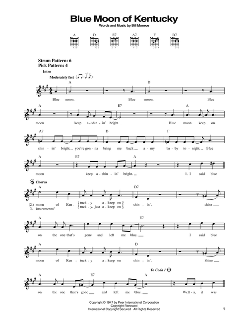 Blue Moon Of Kentucky - Elvis Presley, Bill Monroe, Patsy Cline (Easy Guitar)