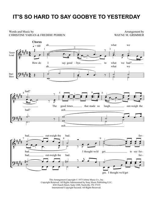 It's So Hard To Say Goodbye To Yesterday (Arr. Wayne M. Grimmer) - Boyz Ii Men (Choral, TTBB)