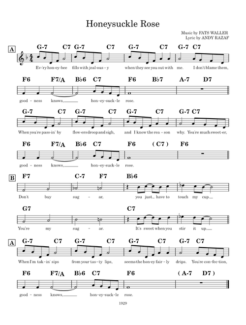 Honeysuckle Rose Lead Sheet (F)