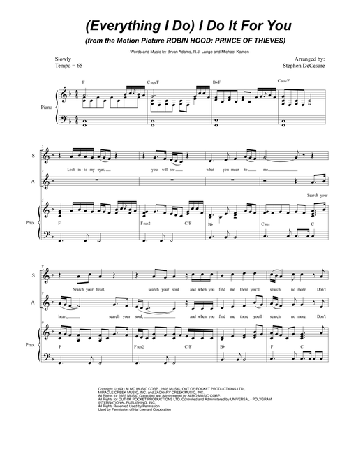(Everything I Do) I Do It For You (Arr. Stephen DeCesare) - Bryan Adams (Voice Duet and Piano)