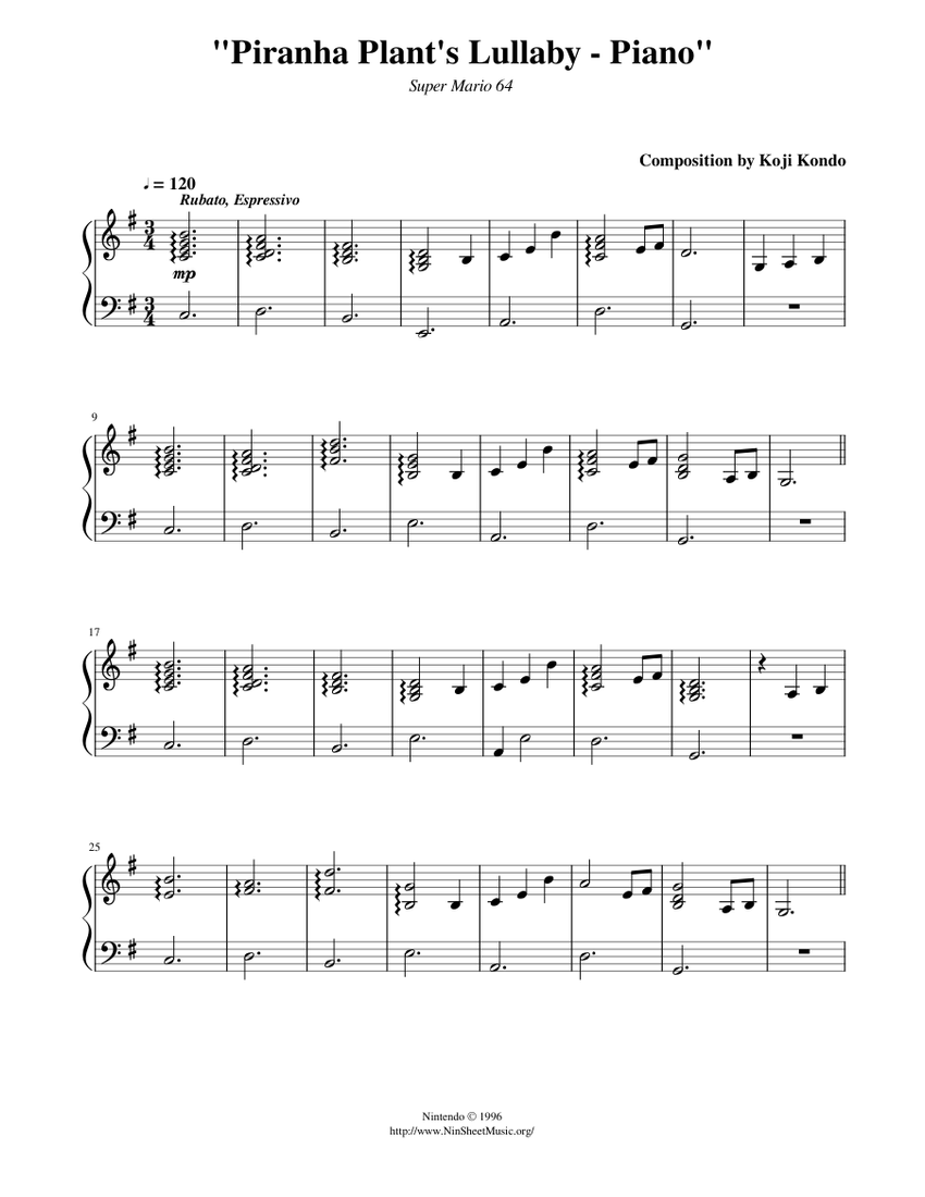 Super Mario 64 - Piranha Plants Lullaby Piano Sheet Music for
