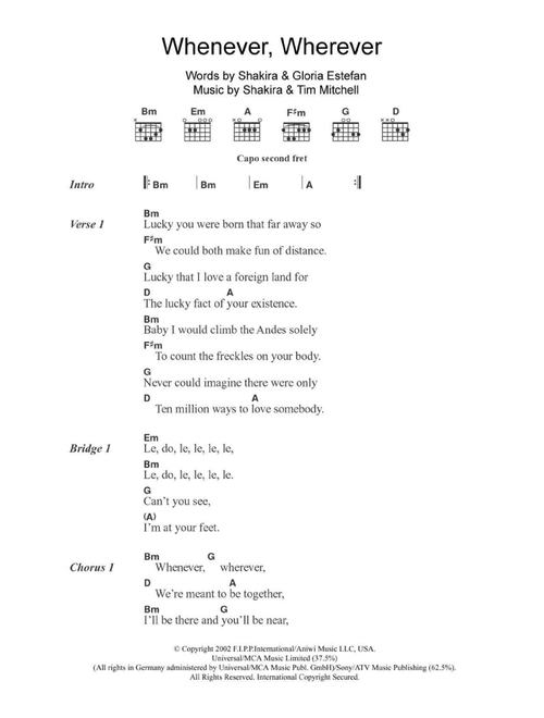 Whenever, Wherever - Shakira (Guitar Chords-Lyrics)