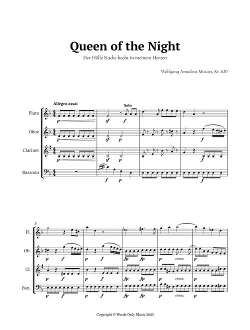 Queen of the Night Aria by Mozart for Woodwind Quartet (Arr. Ander) (Woodwind Ensemble)