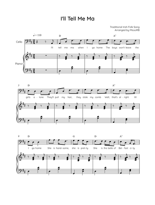 I'll Tell Me Ma - Cello with Piano in D Easy with Chords and Lyrics (Arr. MissoRB) - Traditional Irish Folk Song (Cello and Piano)
