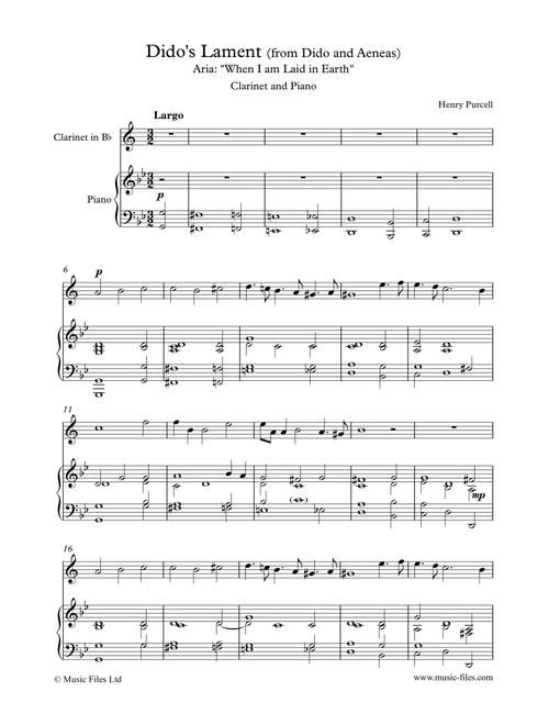 Purcell: Dido's Lament - Clarinet and Piano (Arr. Jim Paterson) - Henry Purcell (Clarinet and Piano)