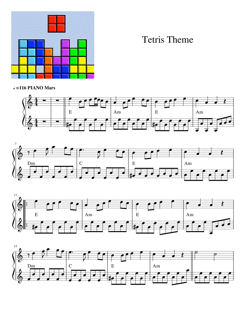 Tetris Theme, 2 balken Sheet music for Piano (Solo) Easy
