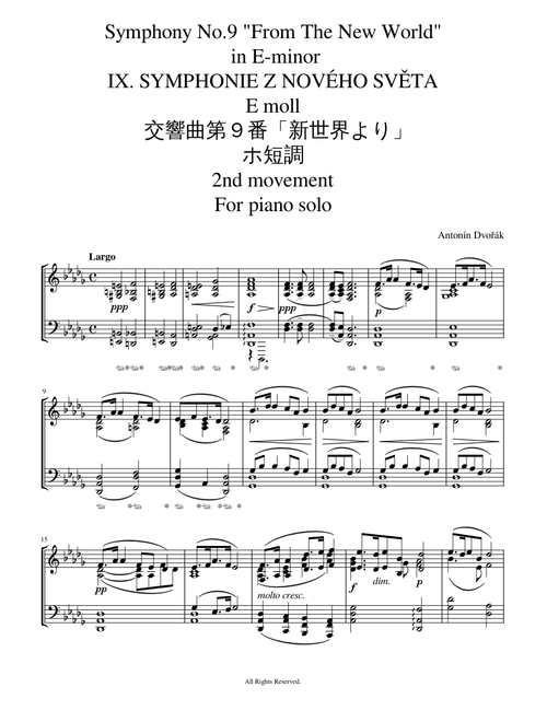 Dvořák Symphony No.9 “From the new world” Piano solo sheet music