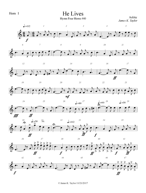 He Lives (Hymn Four Horns #40) (Arr. James K. Taylor) - Ackley (Brass Ensemble)