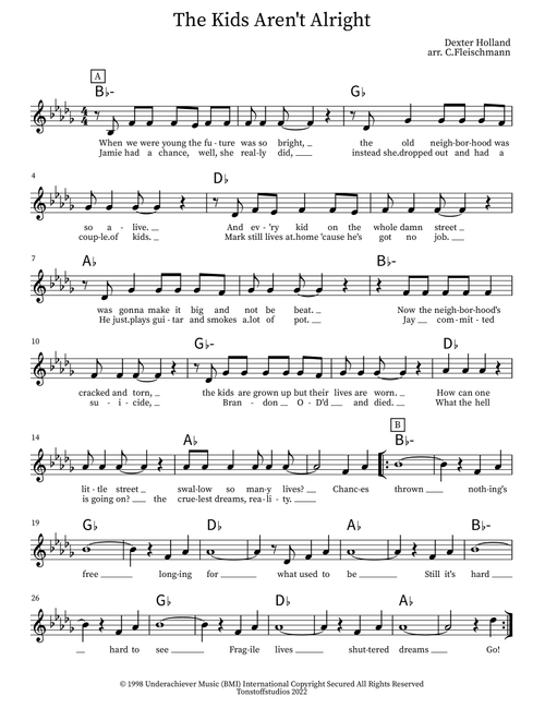 The Kids Aren't Alright (Arr. Christoph Fleischmann) - The Offspring (Lead Sheet - Fake Book)