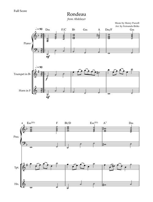 Rondeau (from Abdelazer) for Trumpet in Bb & Horn in F Duo and Piano Accompaniment with Chords (Arr. Fernando Britto) - Henry Purcell (Instrumental Duet and Piano)