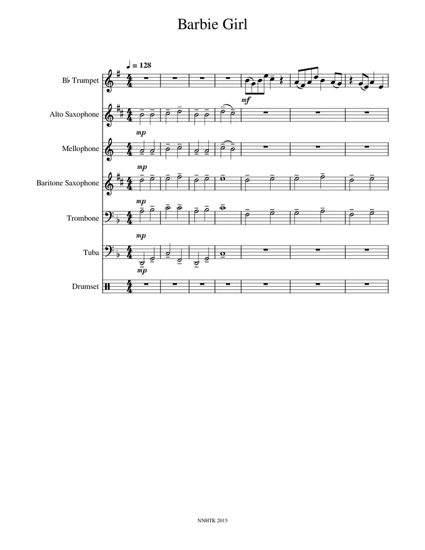 Barbie girl Aqua Sheet music for Trombone Tuba Mellophone Saxophone alto more instruments Brass Band New Orleans Musescore