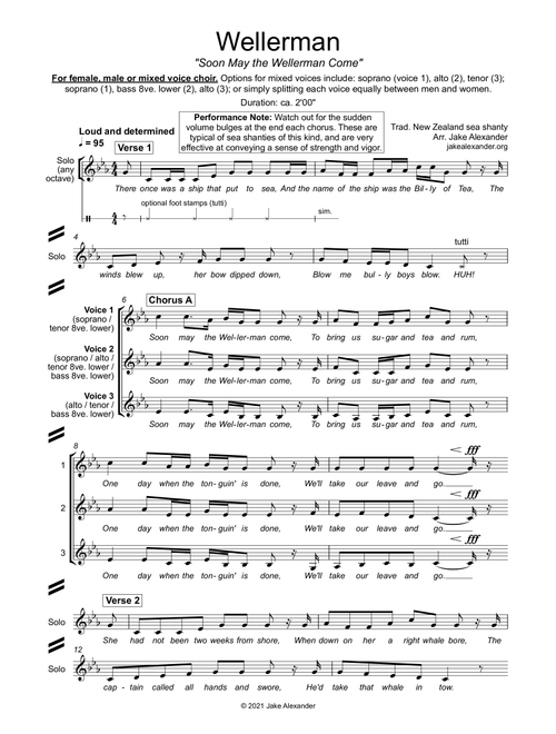 Wellerman - SSA/TBB/SAT/SAB a cappella (Arr. Jake Alexander) - Traditional (Choral, 3-Part)