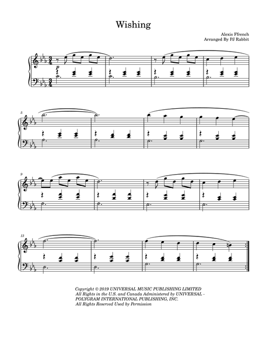 Wishing (Arr. P.J.Rabbit) - Alexis Ffrench (Piano Solo)