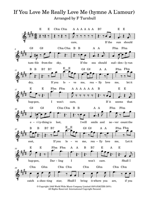 If You Love Me Really Love Me (hymne A L'amour) (Arr. F Turnbull) - Kaye Starr (Piano-Vocal-Guitar (Piano Accompaniment))