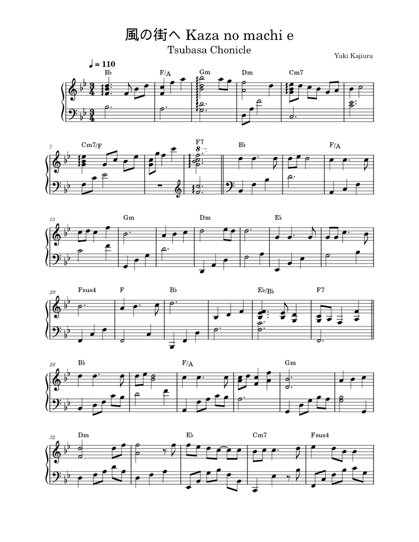 Kaze no machi e – Yuki Kajiura Sheet Music with Chords for