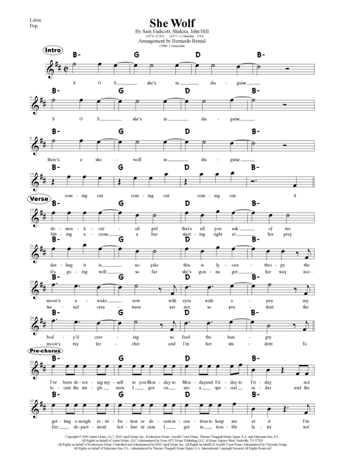 She Wolf (Arr. Bernardo Bernal Hidalgo) - Shakira (Lead Sheet - Fake Book)