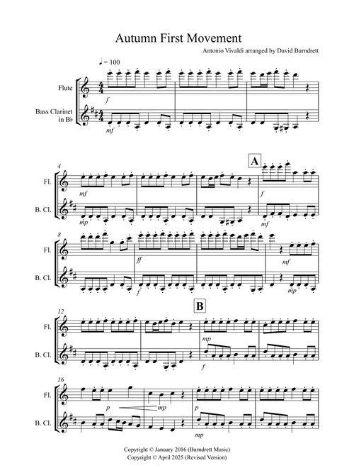 Autumn "Four Seasons" for Flute and Bass Clarinet Duet (Arr. David Burndrett) - Antonio Vivaldi (Instrumental Duet)