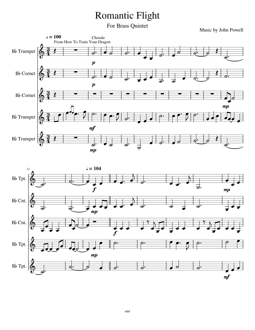 Romantic Flight(How To Train Your Dragon) Trumpet Quintet Sheet music