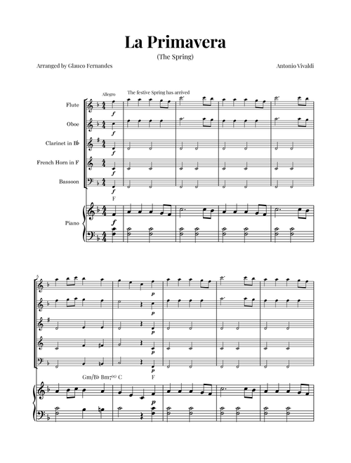 La Primavera (The Spring) by Vivaldi - Woodwind Quintet with Piano and Chord Notations (Arr. Glauco Fernandes) - Antonio Vivaldi (Woodwind Ensemble)