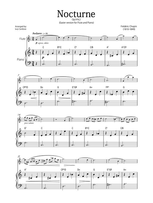 "Nocturne" (Chopin) - Beautiful EASY version for FLUTE and PIANO (Arr. Iury Cardoso) - Frédéric Chopin (Flute and Piano)