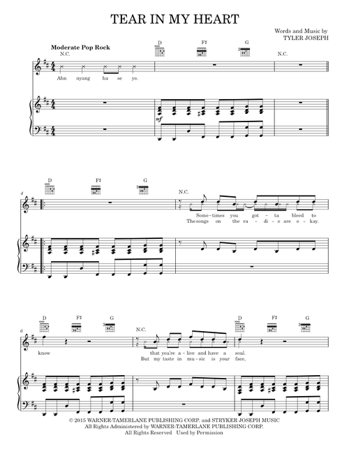 Tear in my heart - Twenty One Pilots (Piano-Vocal-Guitar)