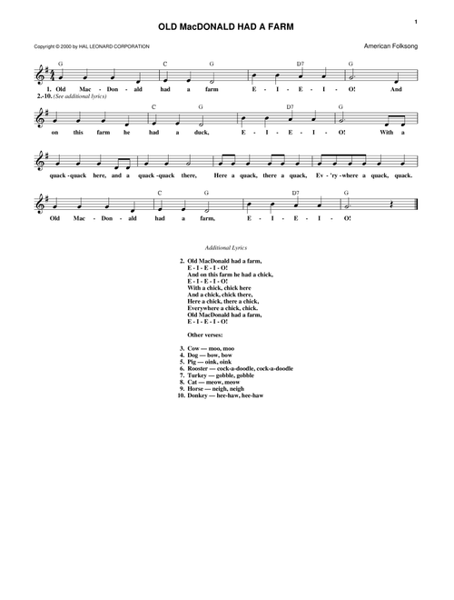 Old Macdonald Had A Farm - Traditional (Lead Sheet - Fake Book)