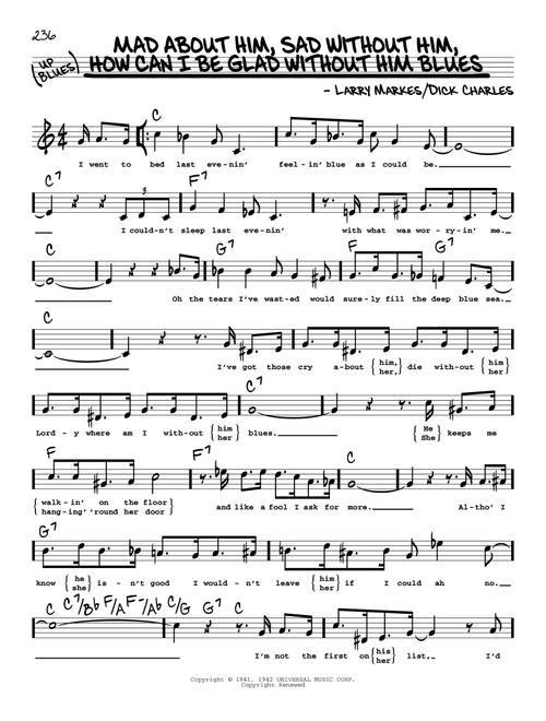Mad About Him, Sad Without Him, How Can I Be Glad Without Him Blues (High Voice) - Dinah Shore, Dick Hyman (Real Book - Melody-Chords-Lyrics)