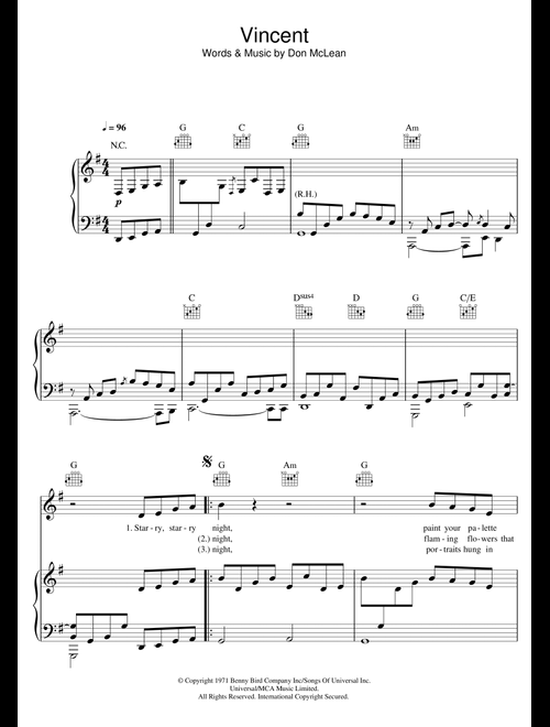 Vincent (Starry Starry Night) - James Blake, Don McLean (Piano-Vocal-Guitar (Piano Accompaniment))