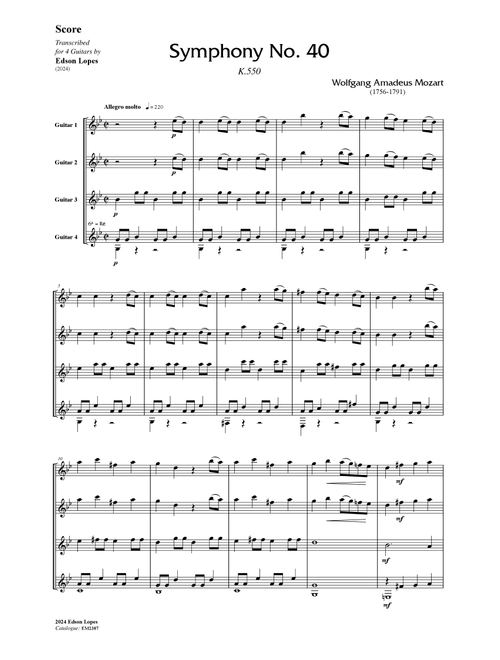 Symphony No. 40 - Molto Allegro, K.550 (Guitar Quartet) (Arr. Edson Lopes) (Guitar Ensemble)