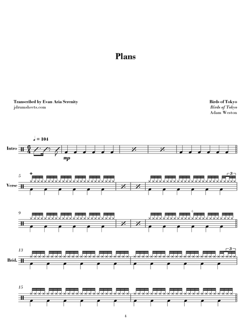 Plans (Arr. Evan Aria Serenity) - Birds Of Tokyo (Drums)