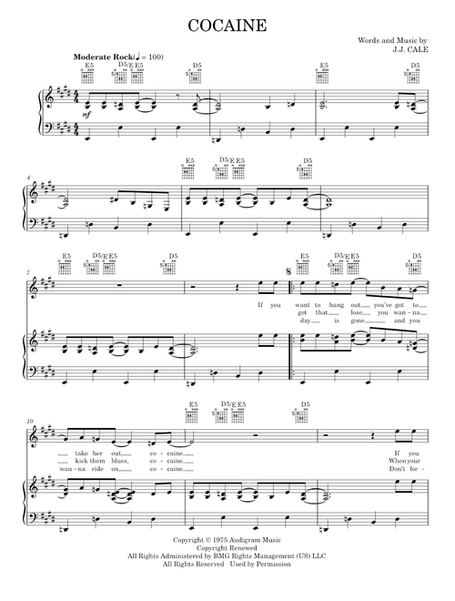 Cocaine - Eric Clapton (Piano-Vocal-Guitar)