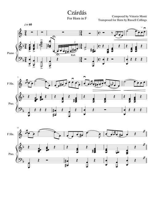 Czardas - Transposed and Arranged for Horn in F and Piano