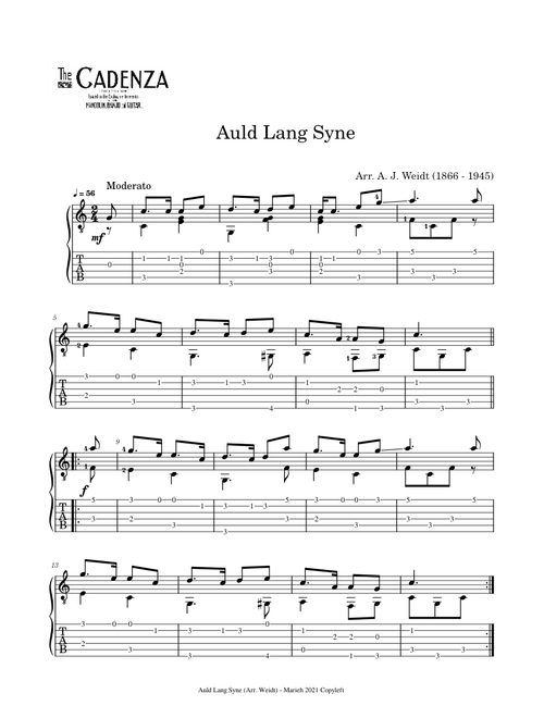 Auld lang syne – Arr. A. J. Weidt (1866 - 1945) - Tablature