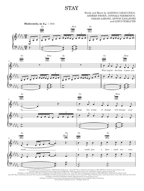 Stay - Alessia Cara feat. Zedd, Pentatonix (Piano-Vocal-Guitar)