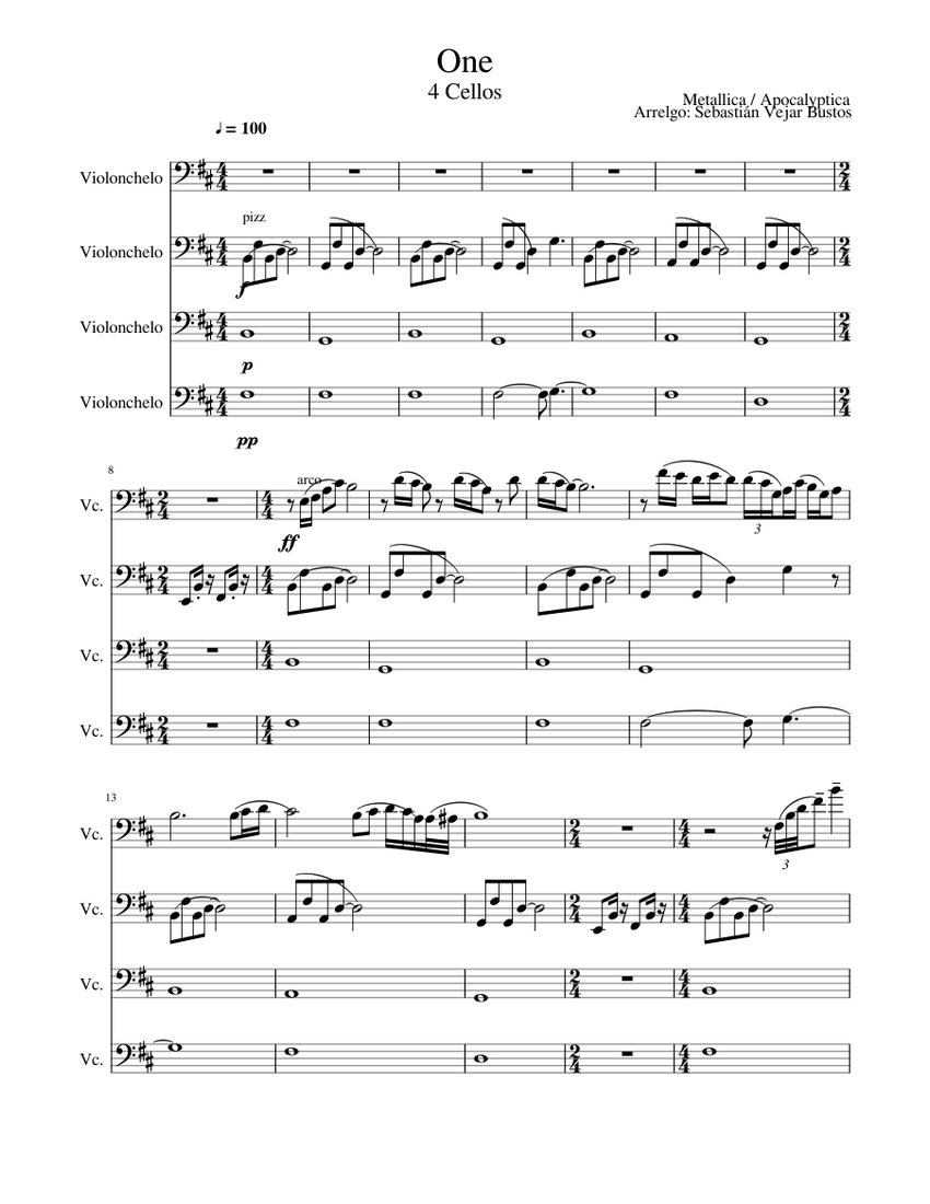 Metallica Apocalyptica One 4 Cellos Sheet music for Cello Mixed Quartet Musescore