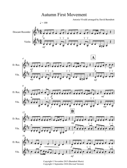 Autumn "Four Seasons" for Descant Recorder and Violin Duet (Arr. David Burndrett) - Antonio Vivaldi (Instrumental Duet)