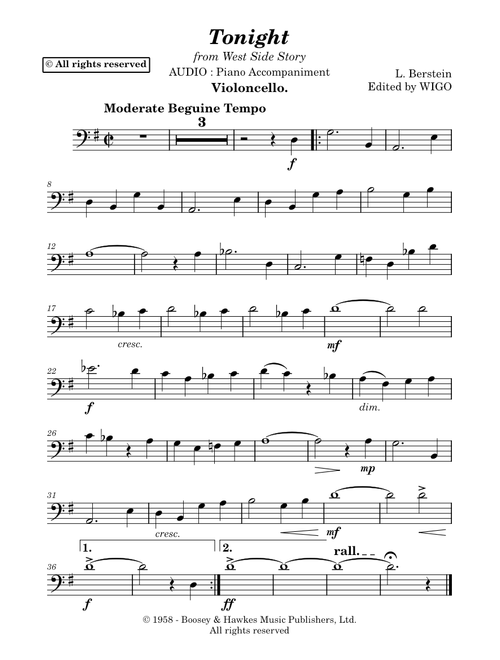 Tonight (West Side Story) – Leonard Bernstein - Arr. for Cello