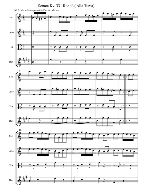 Mozart Kv 331 Turkish Rondo Rondo alla Turca sax quartet (Arr. Fabrizio Mocata) - W. A. Mozart (Woodwind Ensemble)