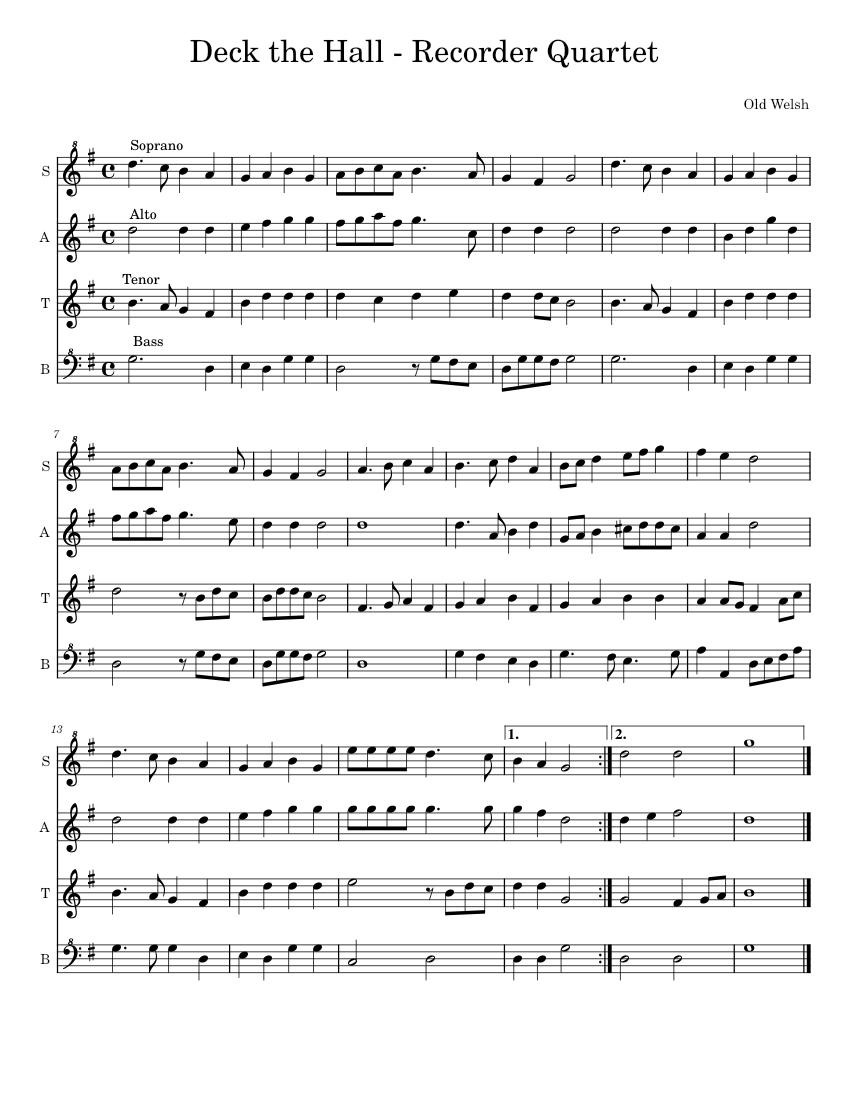 Deck the Hall – Recorder Quartet Sheet Music for Recorder (Woodwind ...